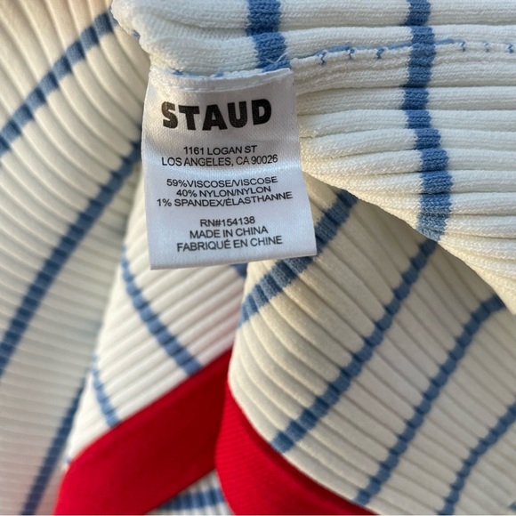 STAUD Shoko Ribbed Knit Midi Dress White Light Blue Stripes Red Trim Size M - Picture 12 of 13